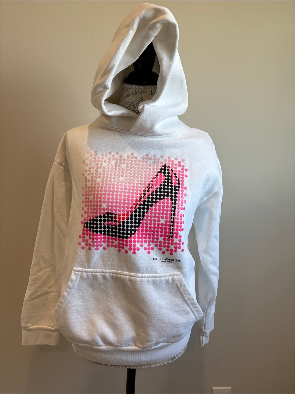 Cosmopolitan White Hoodie with Black High Heel and Pink Dot Art